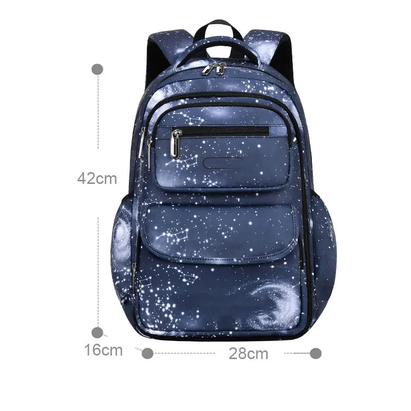 Primary school backpack in royal blue with nylon material, letter print pattern, and side opening