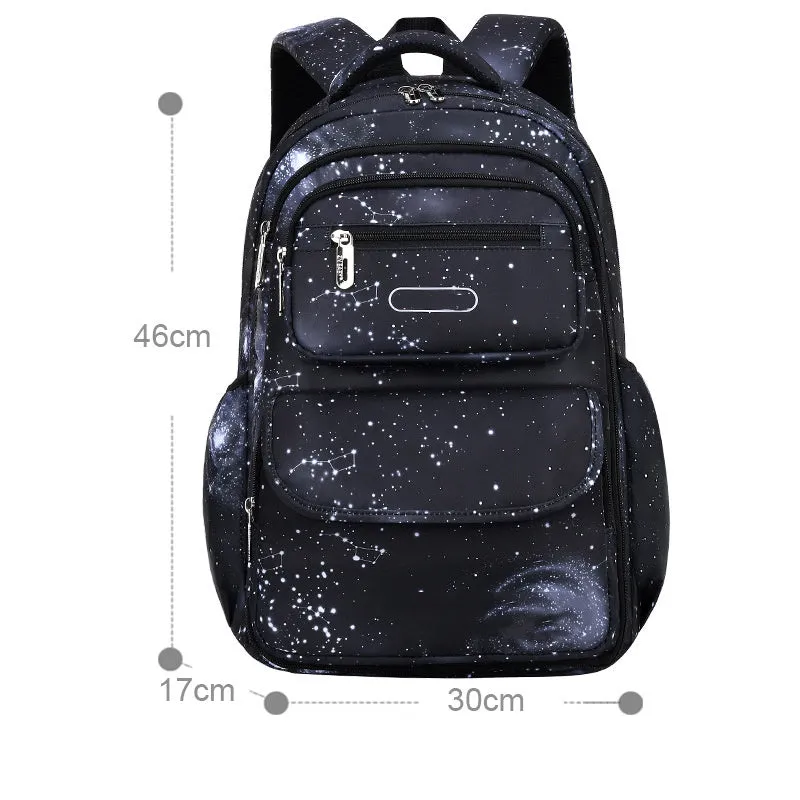 Primary school backpack in royal blue with nylon material, letter print pattern, and side opening