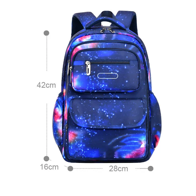 Primary school backpack in royal blue with nylon material, letter print pattern, and side opening