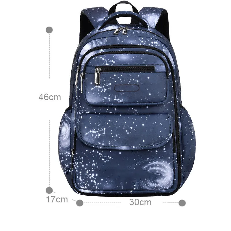 Primary school backpack in royal blue with nylon material, letter print pattern, and side opening