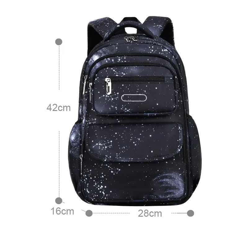 Primary school backpack in royal blue with nylon material, letter print pattern, and side opening