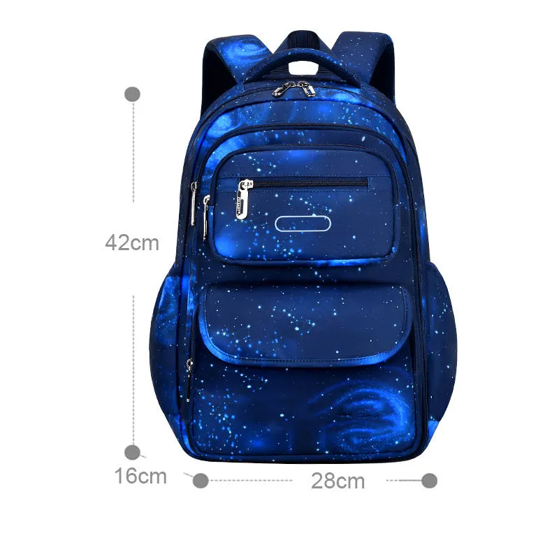 Primary school backpack in royal blue with nylon material, letter print pattern, and side opening