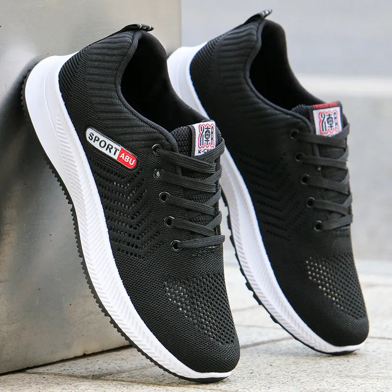 Men's breathable mesh casual sports shoes with black grey fabric upper rubber sole lace-up flat heel side view