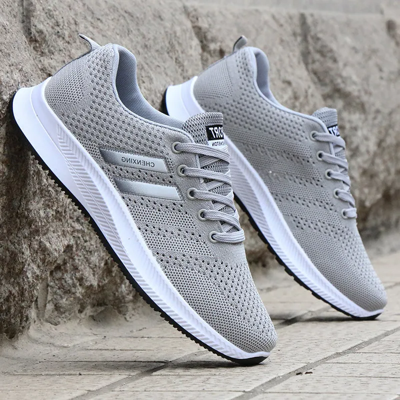 Men's breathable mesh casual sports shoes with black grey fabric upper rubber sole lace-up flat heel side view