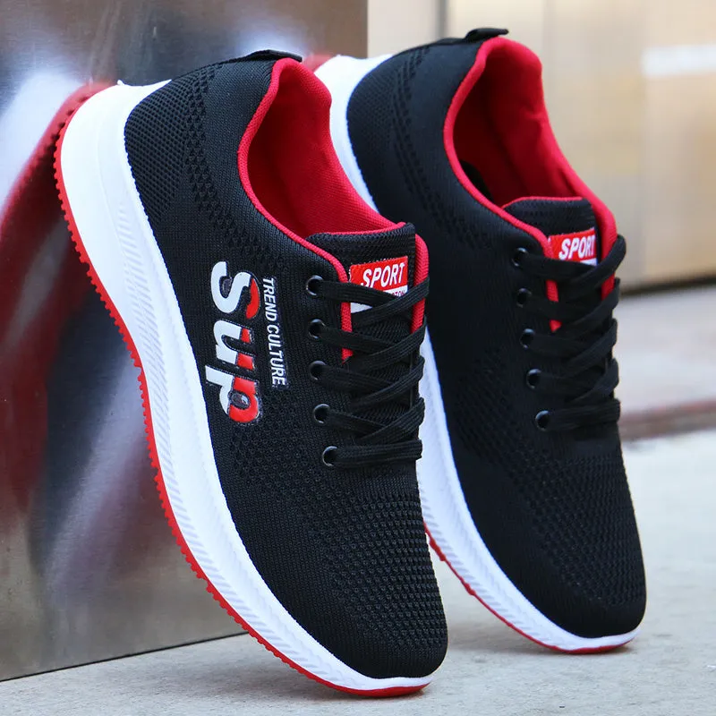 Men's breathable mesh casual sports shoes with black grey fabric upper rubber sole lace-up flat heel side view