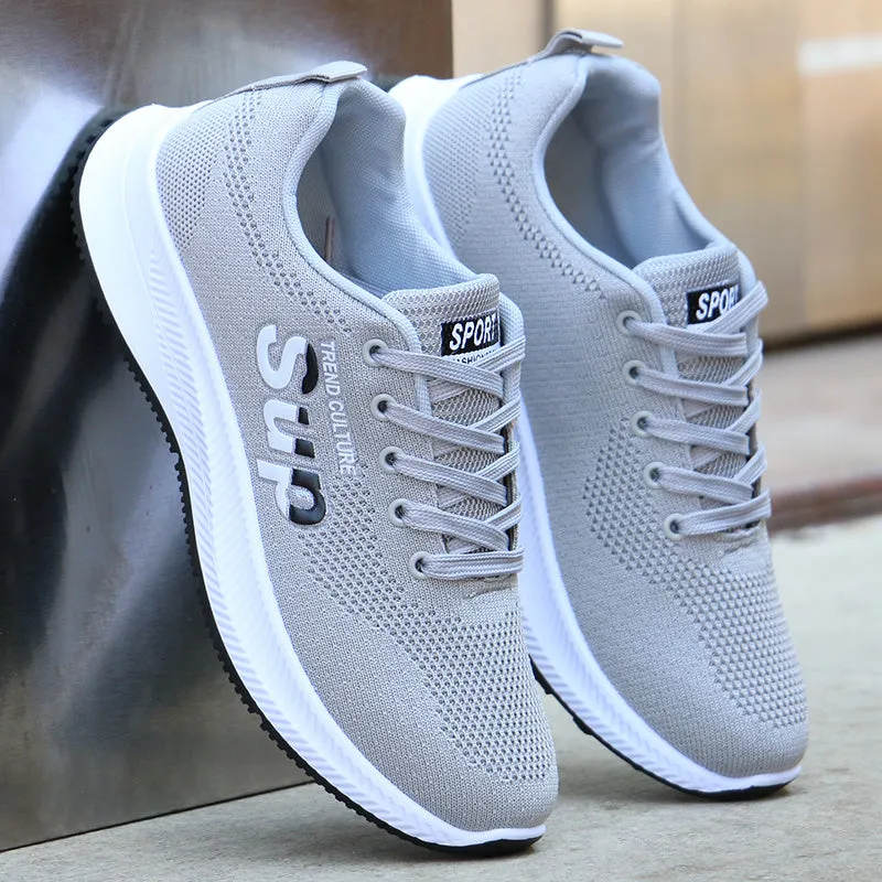 Men's breathable mesh casual sports shoes with black grey fabric upper rubber sole lace-up flat heel side view