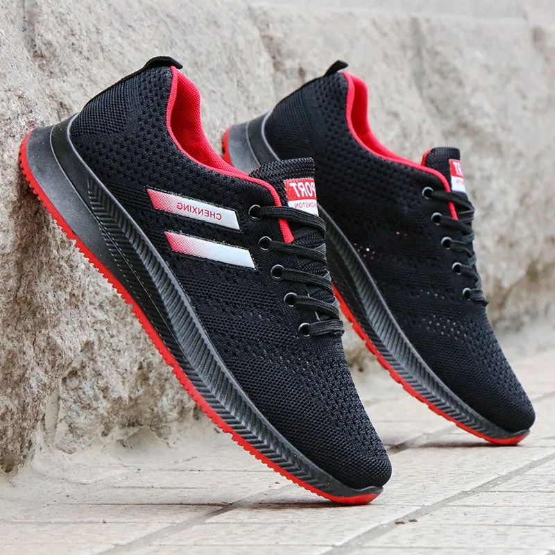 Men's breathable mesh casual sports shoes with black grey fabric upper rubber sole lace-up flat heel side view
