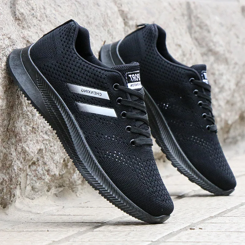 Men's breathable mesh casual sports shoes with black grey fabric upper rubber sole lace-up flat heel side view