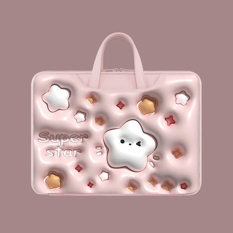 Inflatable PU leather laptop bag with cartoon design hanging from suitcase handle
