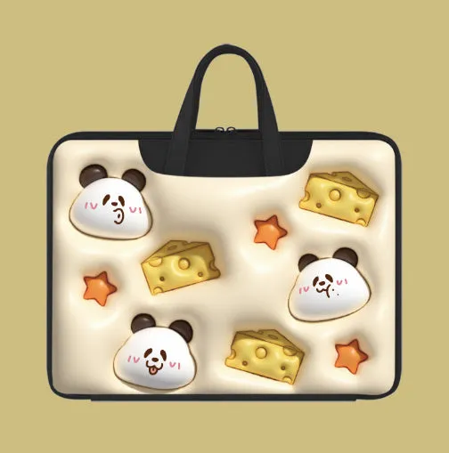 Inflatable PU leather laptop bag with cartoon design hanging from suitcase handle