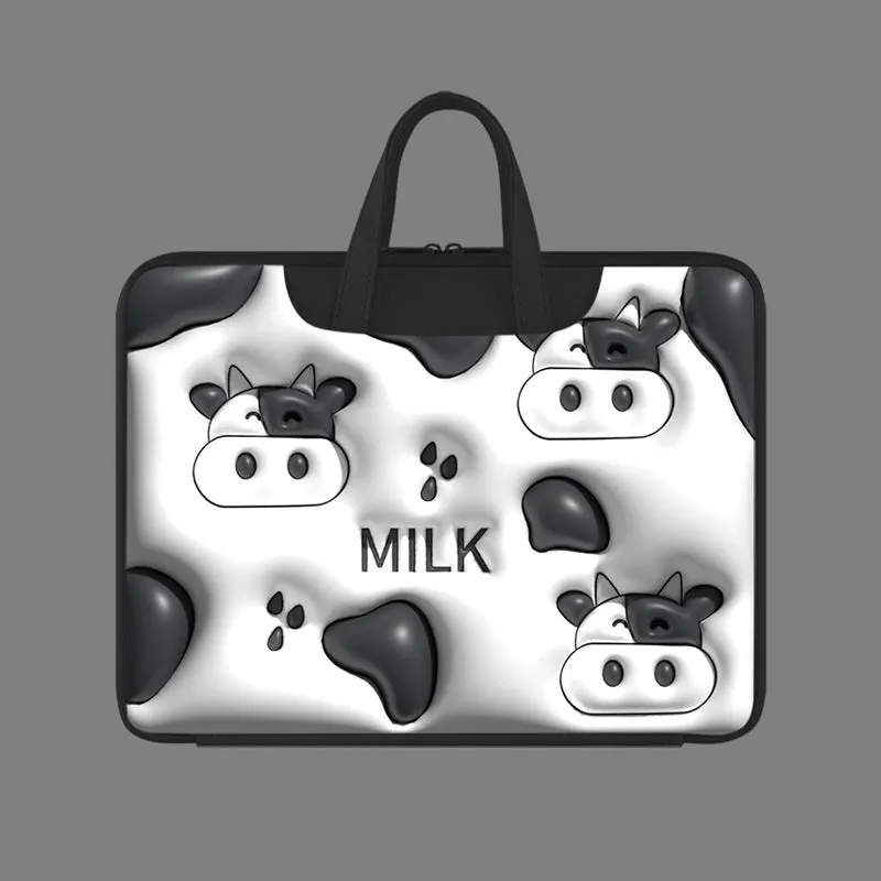 Inflatable PU leather laptop bag with cartoon design hanging from suitcase handle