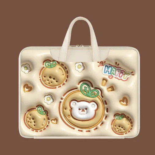 Inflatable PU leather laptop bag with cartoon design hanging from suitcase handle
