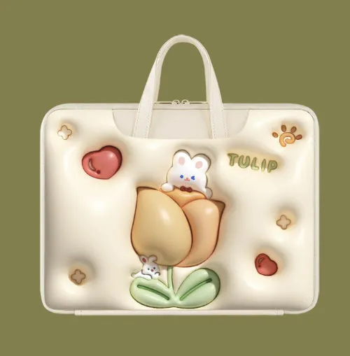Inflatable PU leather laptop bag with cartoon design hanging from suitcase handle