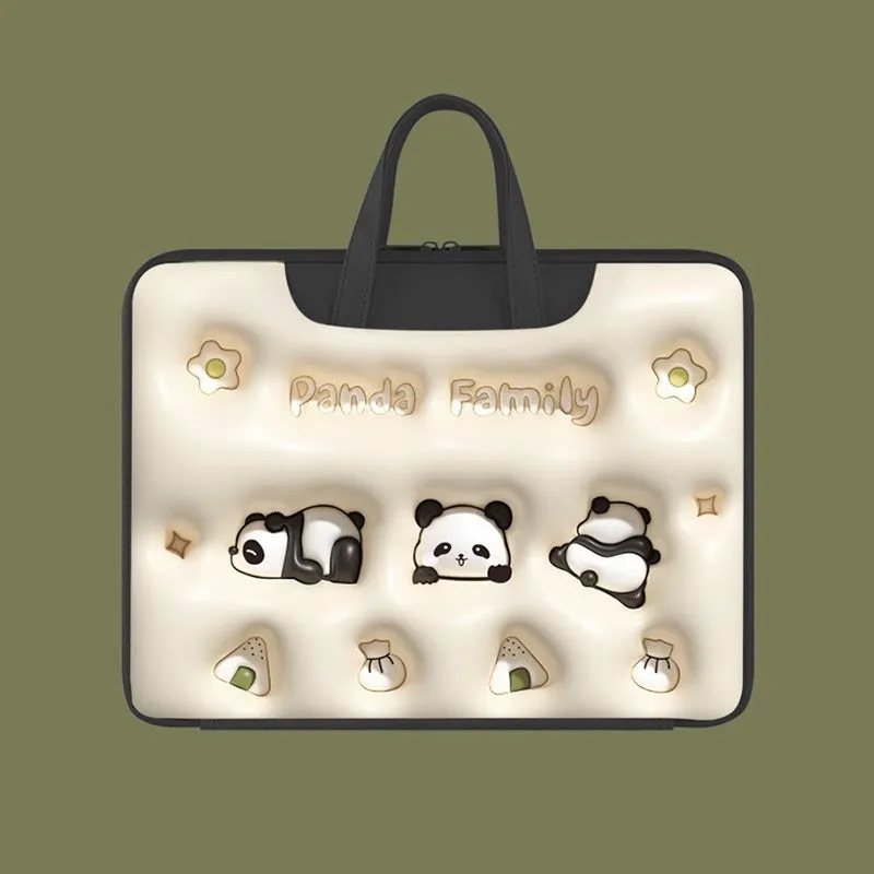 Inflatable PU leather laptop bag with cartoon design hanging from suitcase handle