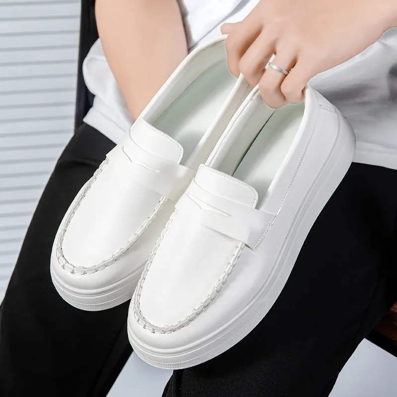 Men's round toe casual shoes in white, black and white, and khaki colours, showing the PU leather upper and oversleeve design.