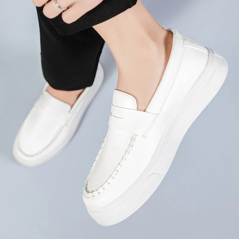 Men's round toe casual shoes in white, black and white, and khaki colours, showing the PU leather upper and oversleeve design.