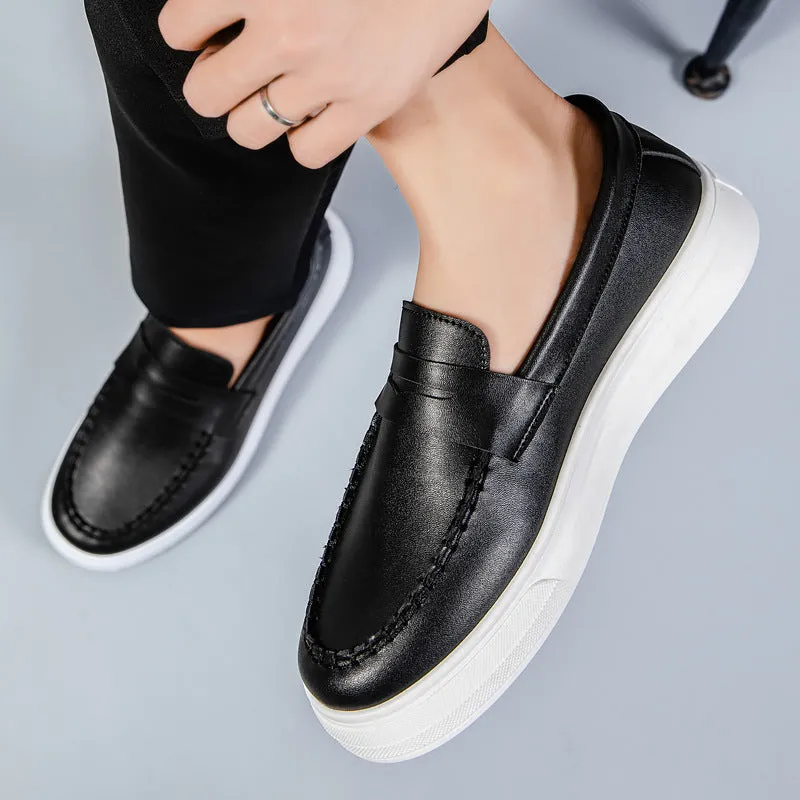 Men's round toe casual shoes in white, black and white, and khaki colours, showing the PU leather upper and oversleeve design.