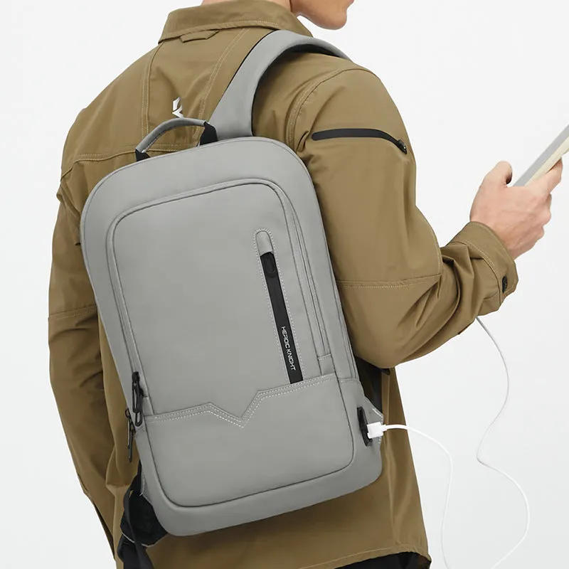 Gray business lightweight multifunctional backpack with USB port for men, Oxford cloth, solid colour