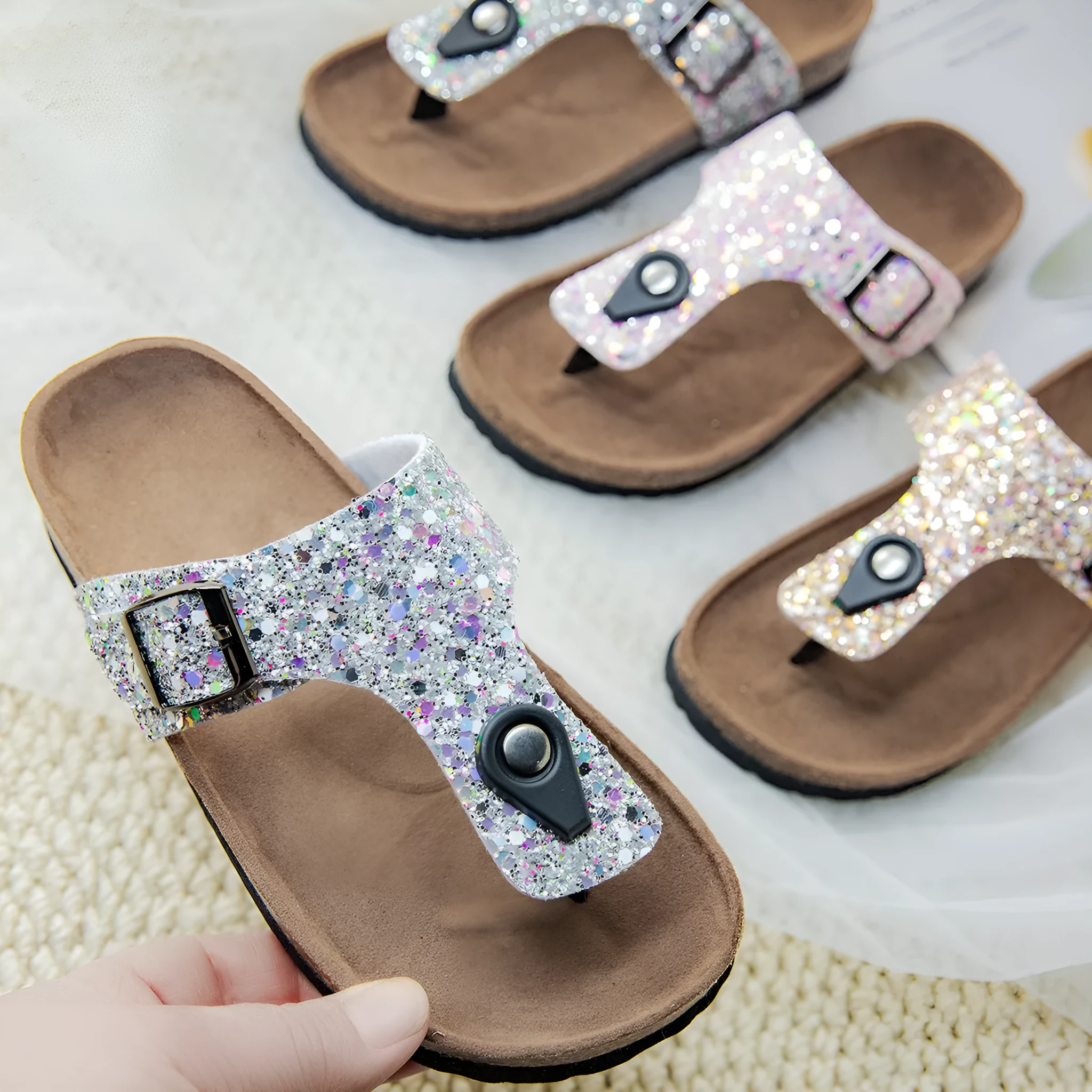 Children's cork flip-flops in pink with hollow-out design and PVC non-slip sole