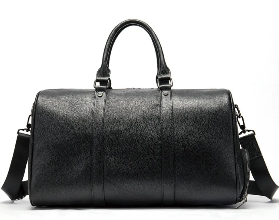 First layer cowhide leather travel bag with independent shoe compartment, zippered main closure, brown colour, soft handle and shoulder strap