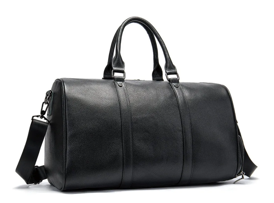 First layer cowhide leather travel bag with independent shoe compartment, zippered main closure, brown colour, soft handle and shoulder strap