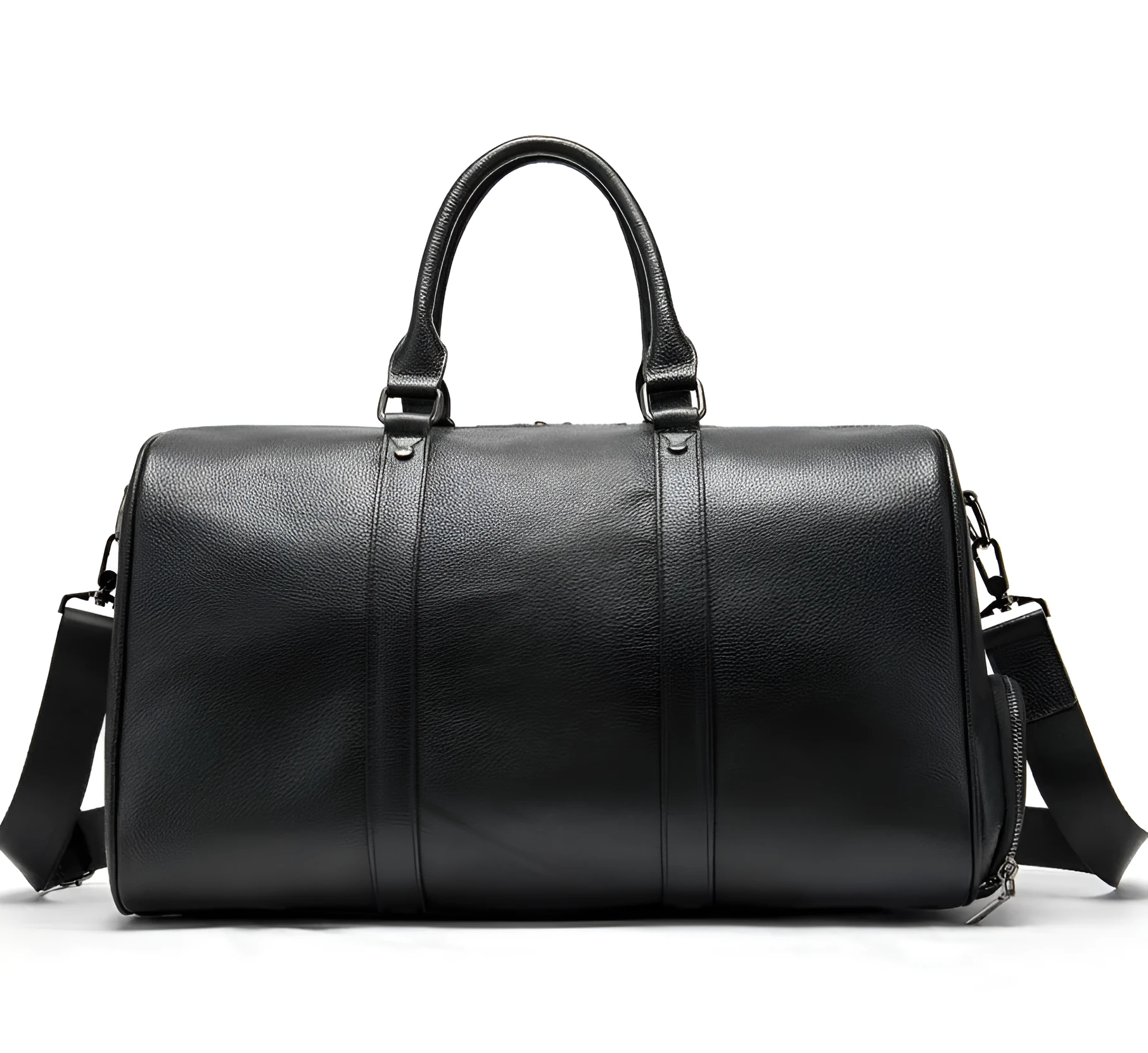 First layer cowhide leather travel bag with independent shoe compartment, zippered main closure, brown colour, soft handle and shoulder strap