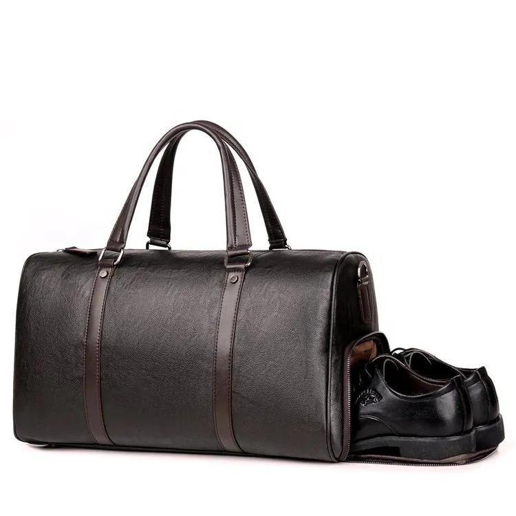 First layer cowhide leather travel bag with independent shoe compartment, zippered main closure, brown colour, soft handle and shoulder strap
