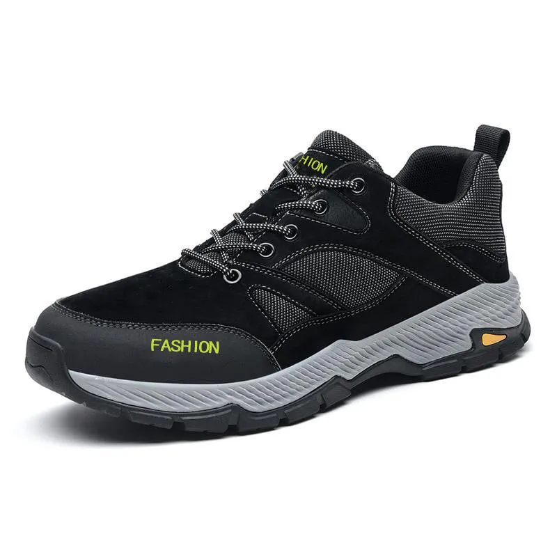 Men's black lace-up sneakers with flyknit upper, round toe, and flat sole