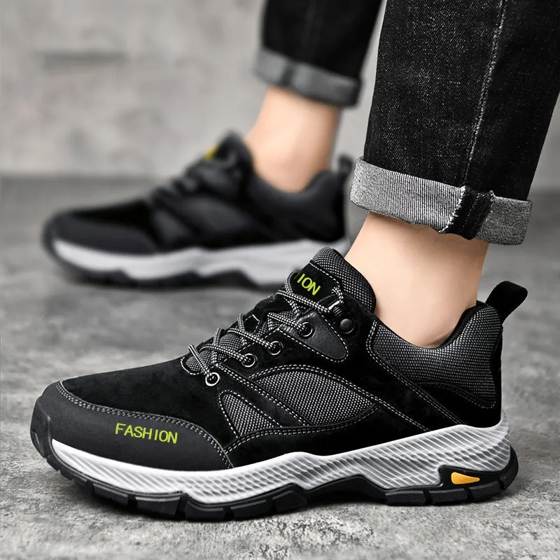 Men's black lace-up sneakers with flyknit upper, round toe, and flat sole