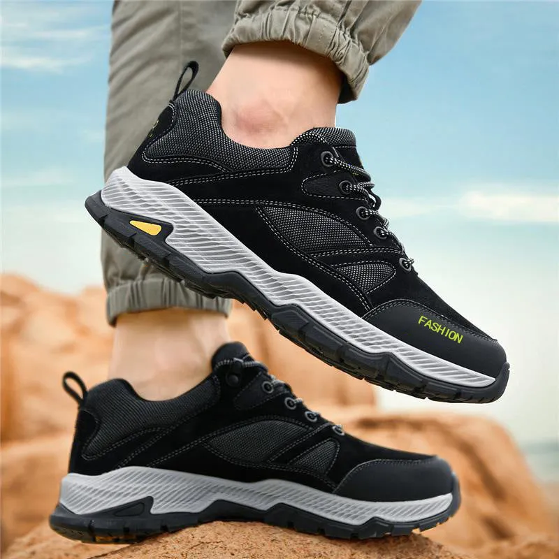Men's black lace-up sneakers with flyknit upper, round toe, and flat sole
