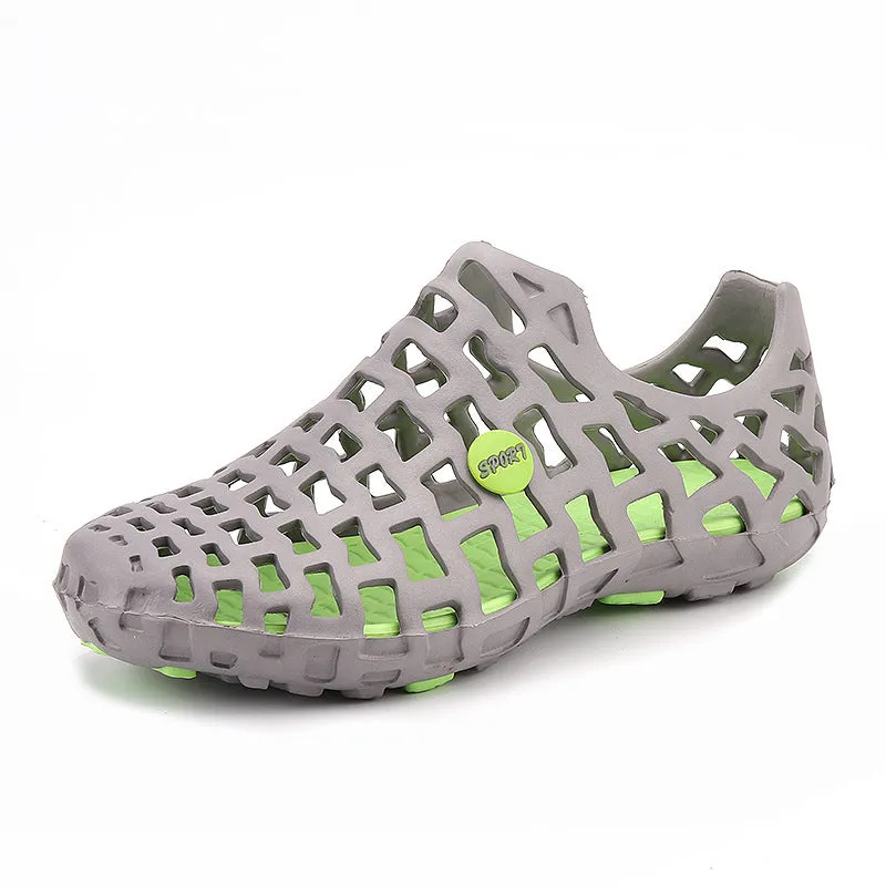 Women's beach footwear in solid colour with EVA upper, rubber sole, round toe, and flat heel on sand