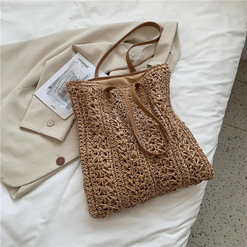 Large woven straw tote bag in khaki with single shoulder strap