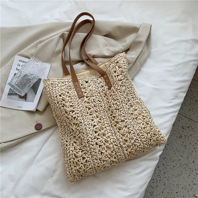 Large woven straw tote bag in khaki with single shoulder strap