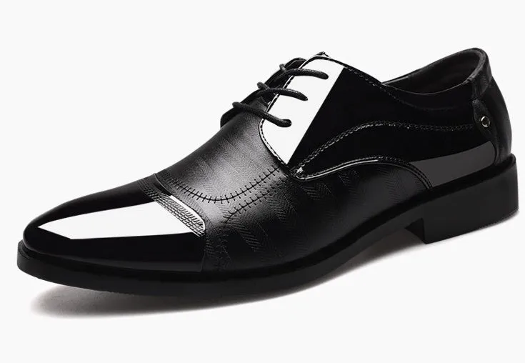 Men's black pointed toe dress shoes with low top and rubber sole, size 38-48