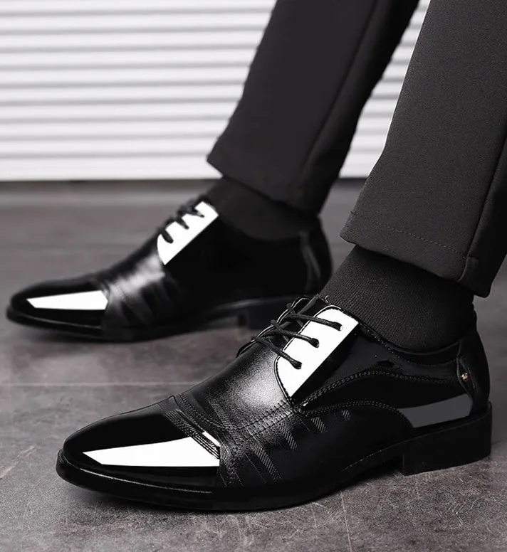Men's black pointed toe dress shoes with low top and rubber sole, size 38-48