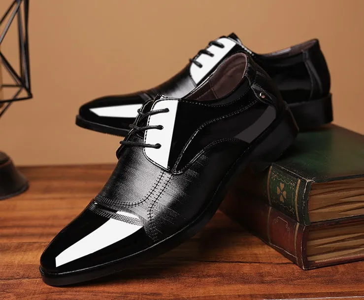 Men's black pointed toe dress shoes with low top and rubber sole, size 38-48