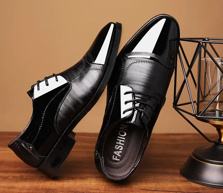 Men's black pointed toe dress shoes with low top and rubber sole, size 38-48