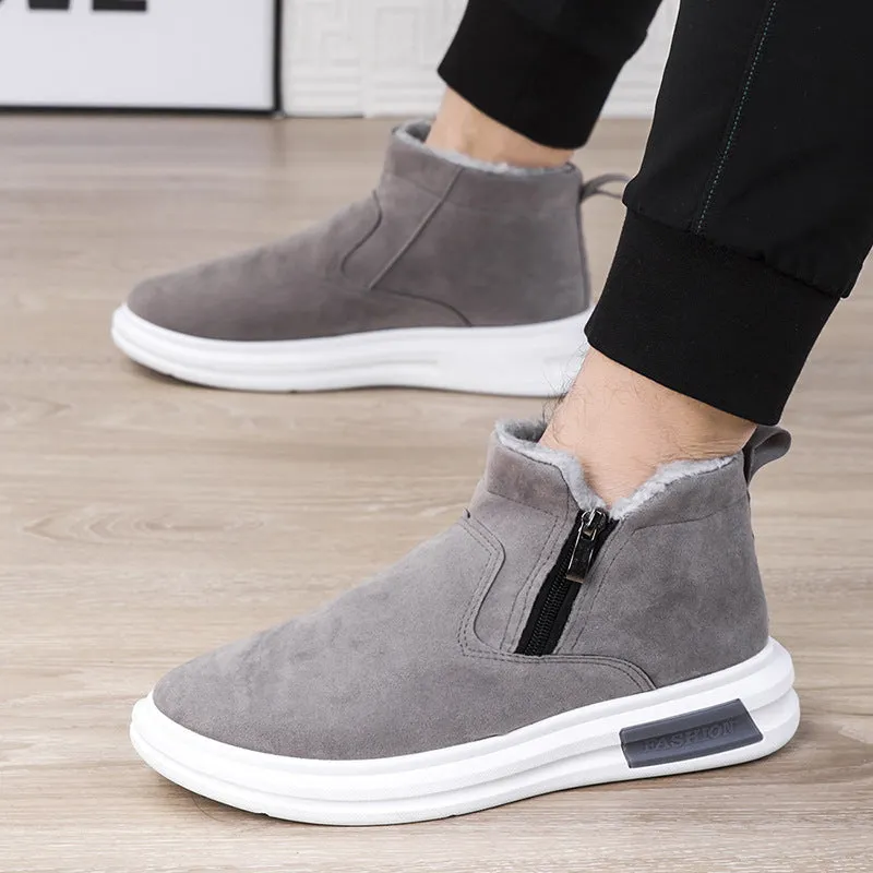 Men's fashion snow boots in black with side zipper, cotton upper, and flat wedge heel