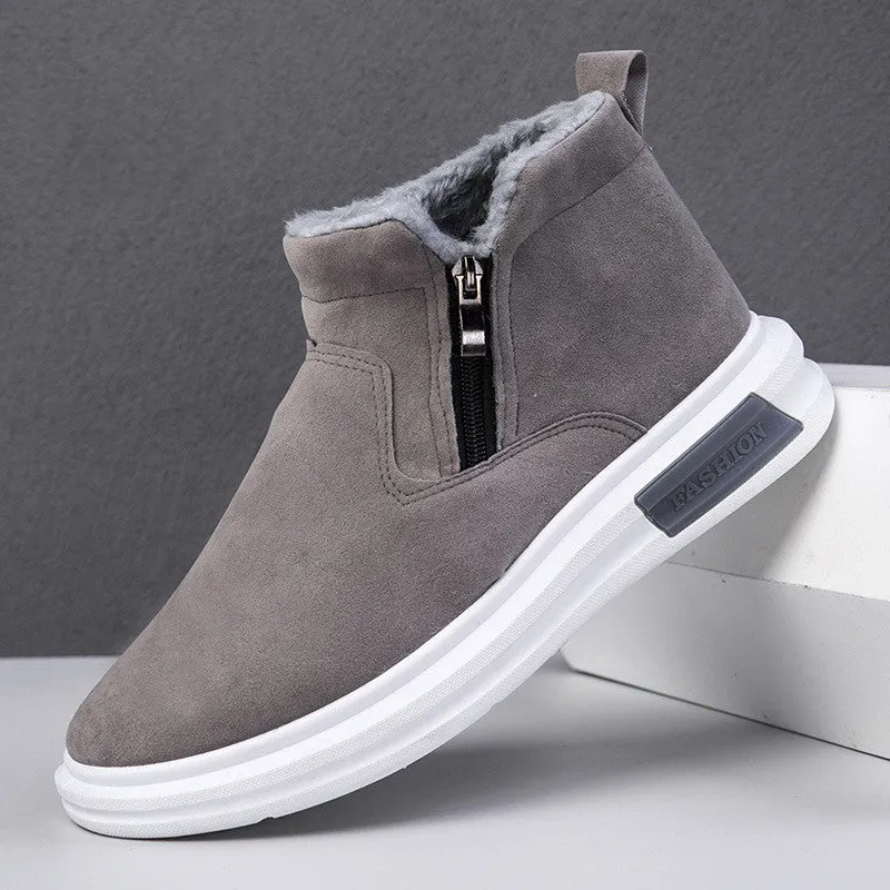 Men's fashion snow boots in black with side zipper, cotton upper, and flat wedge heel