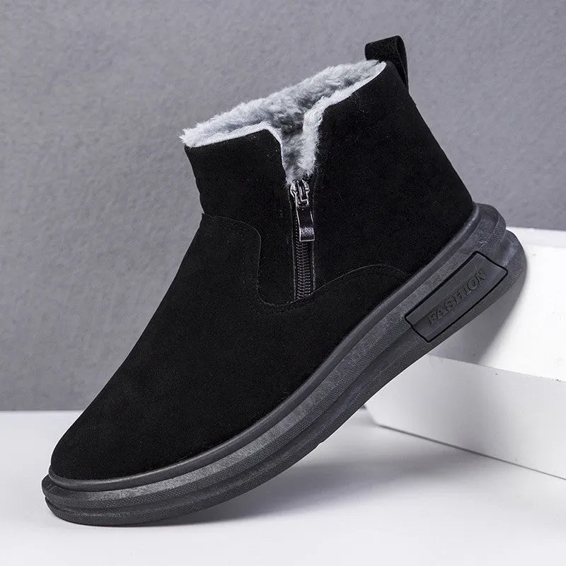Men's fashion snow boots in black with side zipper, cotton upper, and flat wedge heel