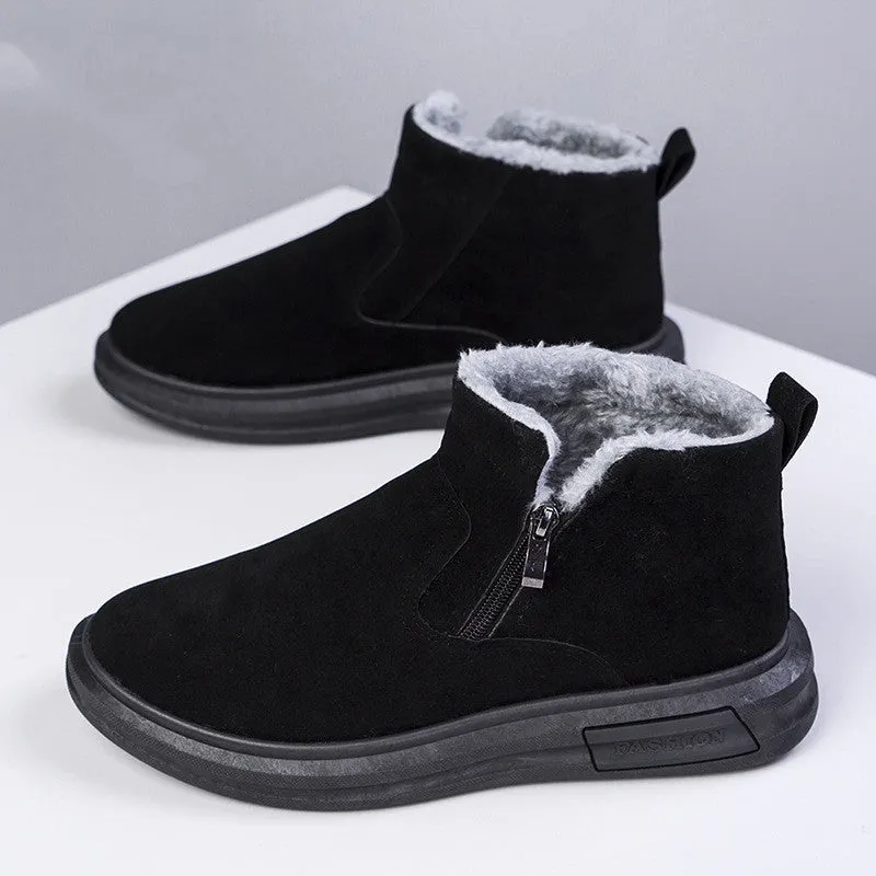 Men's fashion snow boots in black with side zipper, cotton upper, and flat wedge heel