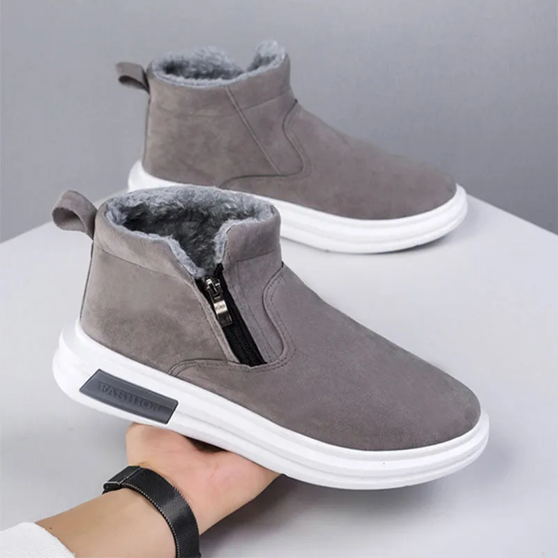 Men's fashion snow boots in black with side zipper, cotton upper, and flat wedge heel