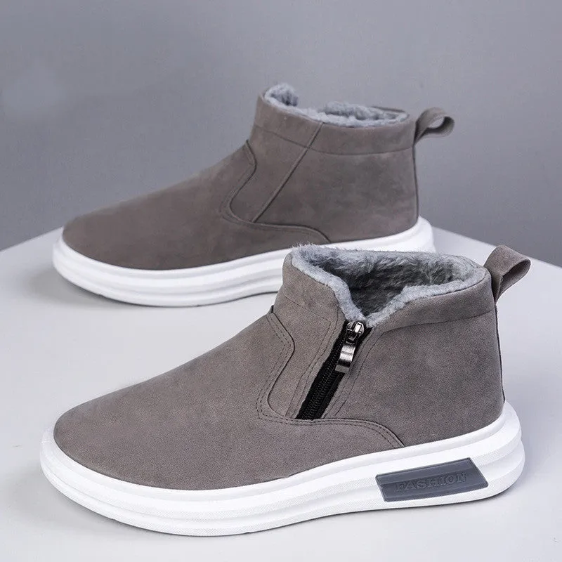 Men's fashion snow boots in black with side zipper, cotton upper, and flat wedge heel