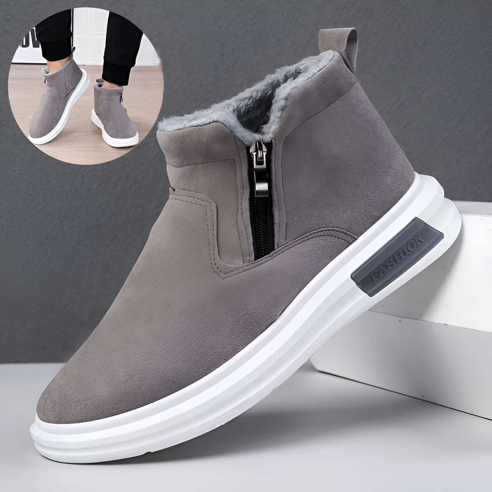 Men's fashion snow boots in black with side zipper, cotton upper, and flat wedge heel