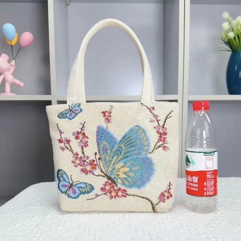 Canvas tote bag with gold wire embroidery in Bunny pattern, showing double-sided stitching detail