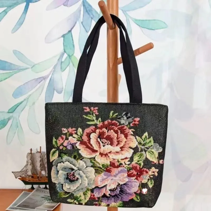 Canvas tote bag with gold wire embroidery in Bunny pattern, showing double-sided stitching detail