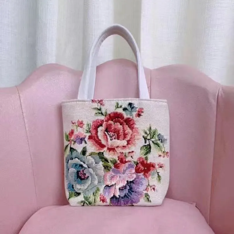 Canvas tote bag with gold wire embroidery in Bunny pattern, showing double-sided stitching detail