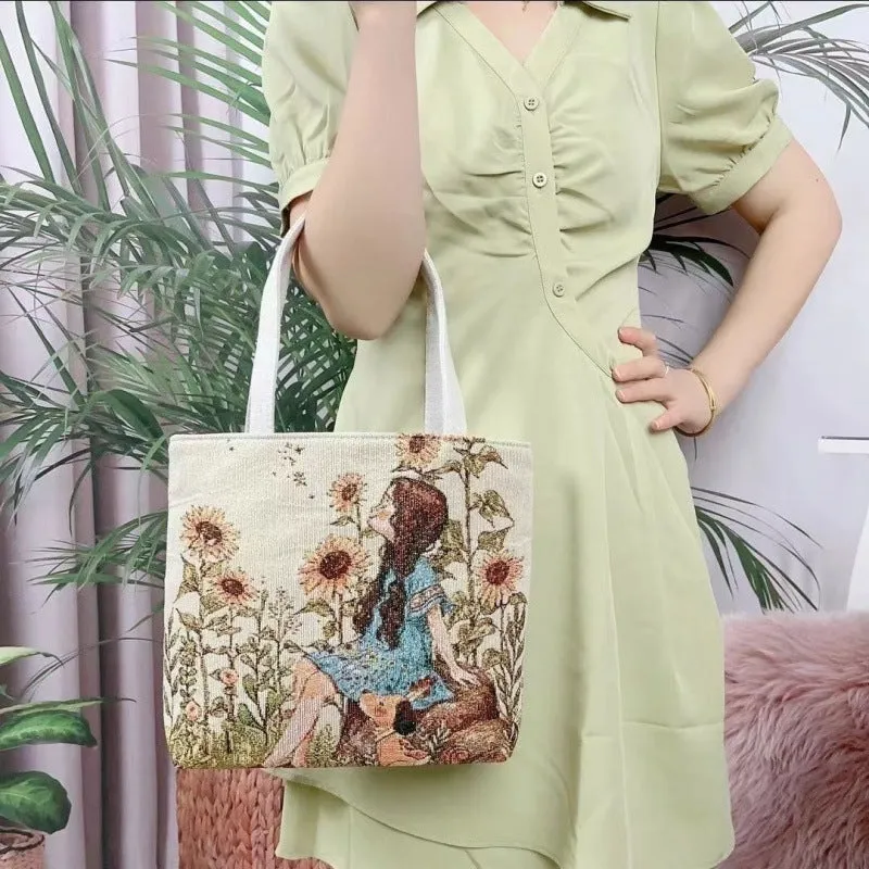 Canvas tote bag with gold wire embroidery in Bunny pattern, showing double-sided stitching detail