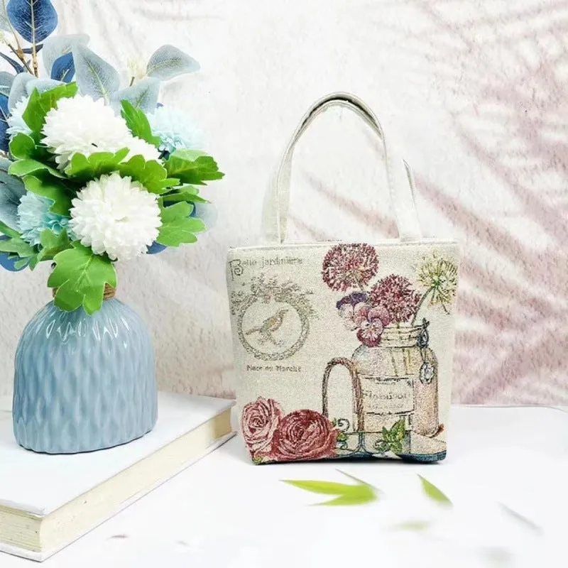 Canvas tote bag with gold wire embroidery in Bunny pattern, showing double-sided stitching detail