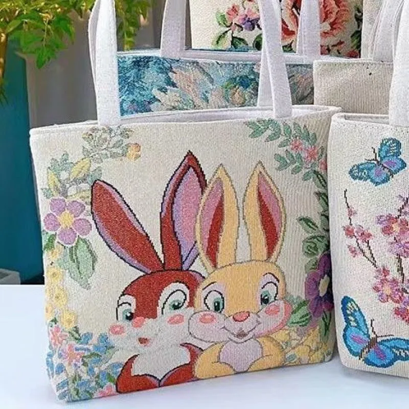 Canvas tote bag with gold wire embroidery in Bunny pattern, showing double-sided stitching detail
